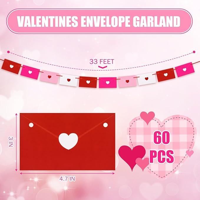 Valentine's Day Decoration Heart Envelope Garland Love Letter Banner Felt Heart Garland Banner Hanging Heart Decorations Rustic Farmhouse Hanging Decor for Wedding Anniversary Gothic Bridal Shower Party Fireplace Mantle Wall Door Room Bedroom Home Decor