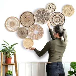 Art Boho Wall Basket Decor Set Of 9 Woven Round Handmade Wicker Baskets For Unique Home Decor Bohemian Style Gallery Wall & Fireplaces