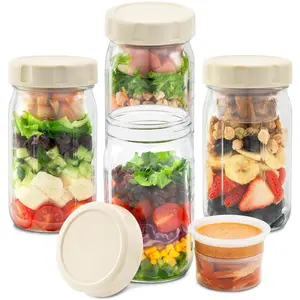 32oz Glass Salad Jars with Lids 4 Pack – Leakproof Mason Jar Meal Prep Containers with Built-In Dressing & Topping Boxes, Wet & Dry Separation Lunch Salad Container
