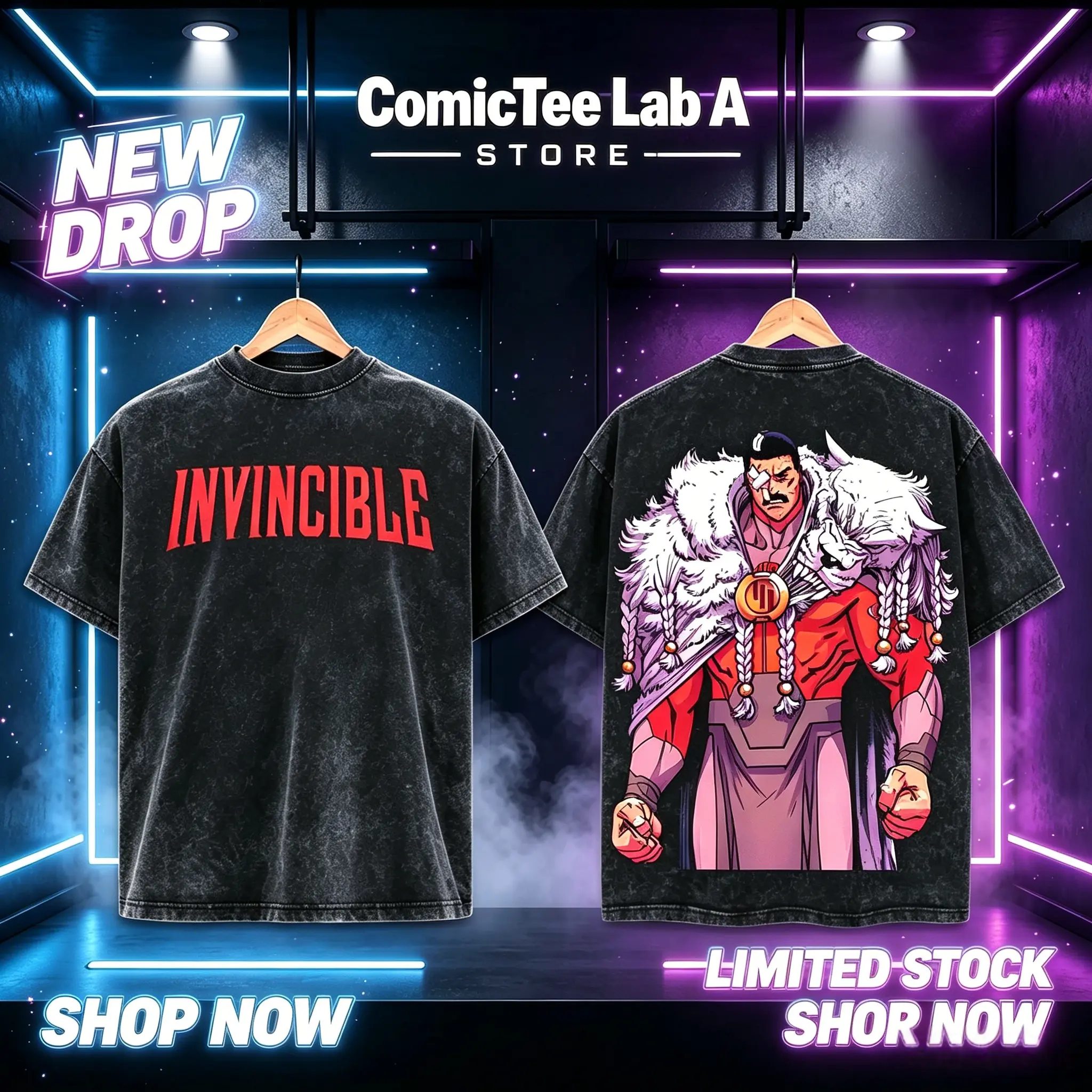 Thragg The Conqueror Viltrumite War - Invincible Comic Double Printed Oversize Lightweight Acid Washed Tee TV Series Graphic Tee T-Shirt graphic tees superhero fan  Stylish Menswear Love Casual Tops Tshirt Operator Biker