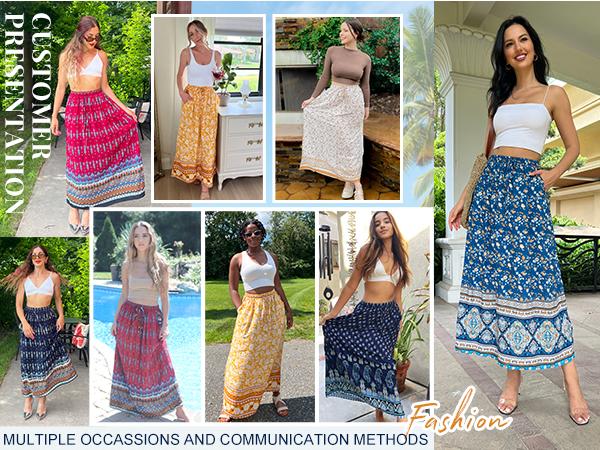 Women's 2025 Boho Floral Skirt Casual Elastic High Waist Maxi Skirts Flowy A Line Beach Long Skirt with Side Pockets