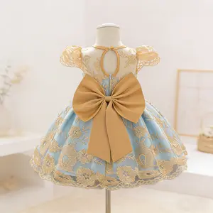 5192XZ Girls embroidered mesh princess dress children's first birthday dress lace dress hidden button bow dress