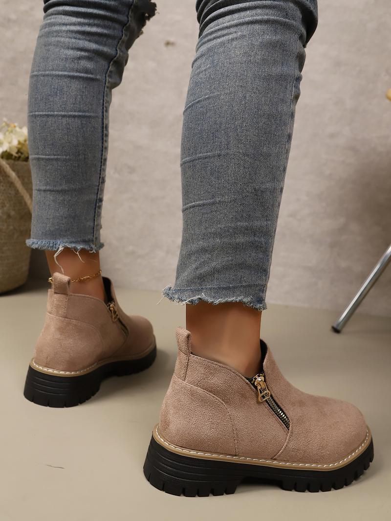Women's Fashion Thick-sole Ankle Boot Comfortable Slip-Resistant Side-Zip Boots Solid-Color Low-Top Fall/Winter Casual Shoes