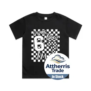 Kids Checkered I was 6 Now I'm 7 Birthday Seven Years Old Bday Cotton T-shirt, Graphic Print Round Neck Short Sleeve Casual Tee for Boys Girls