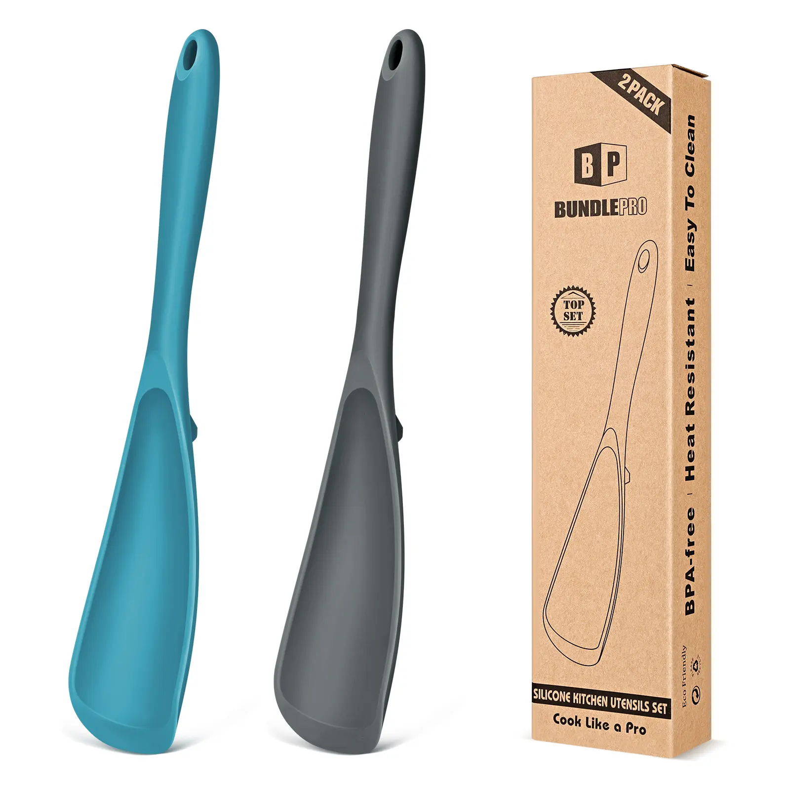 BundlePro Silicone Cooking Spoons - 2-Pack Non-Stick Scraping Spatulas for Nonstick Cookware, BPA-Free (Bisphenol A-Free), Food Grade, Heat Resistant, Multifunctional Kitchen Utensils & Kitchen Supplies Set, Bisphenol A (Bpa)