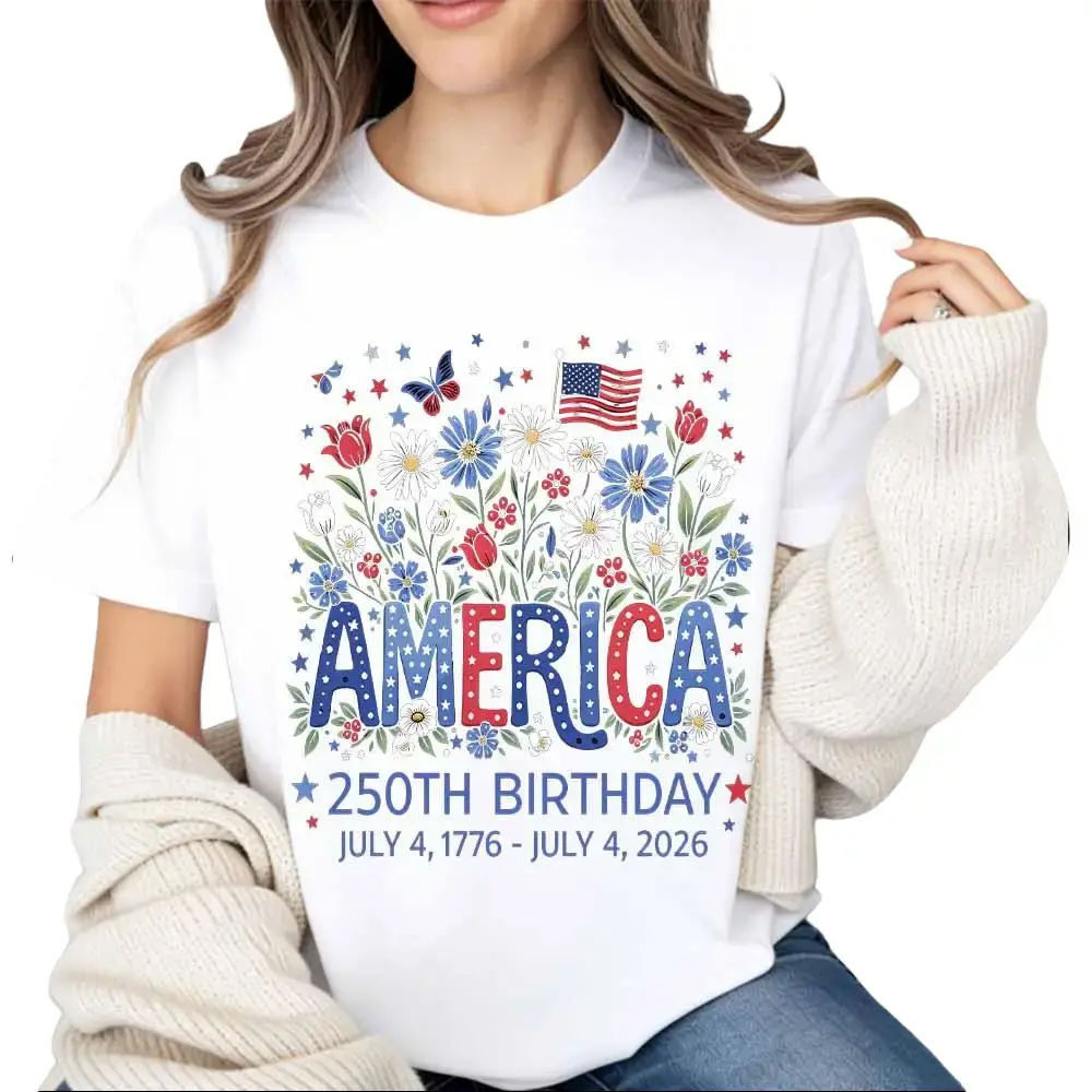 Men's Classic Cotton T-Shirt, Shortsleeve Patriotic Floral Print Design for America's 250th Anniversary, USA Flag Graphic 1776-2026, Natural, Loose, Bicentennial Events, Lightweight, Birthday, Fabric, Streetwear, Tshirt, Breathable, Tee, Soft