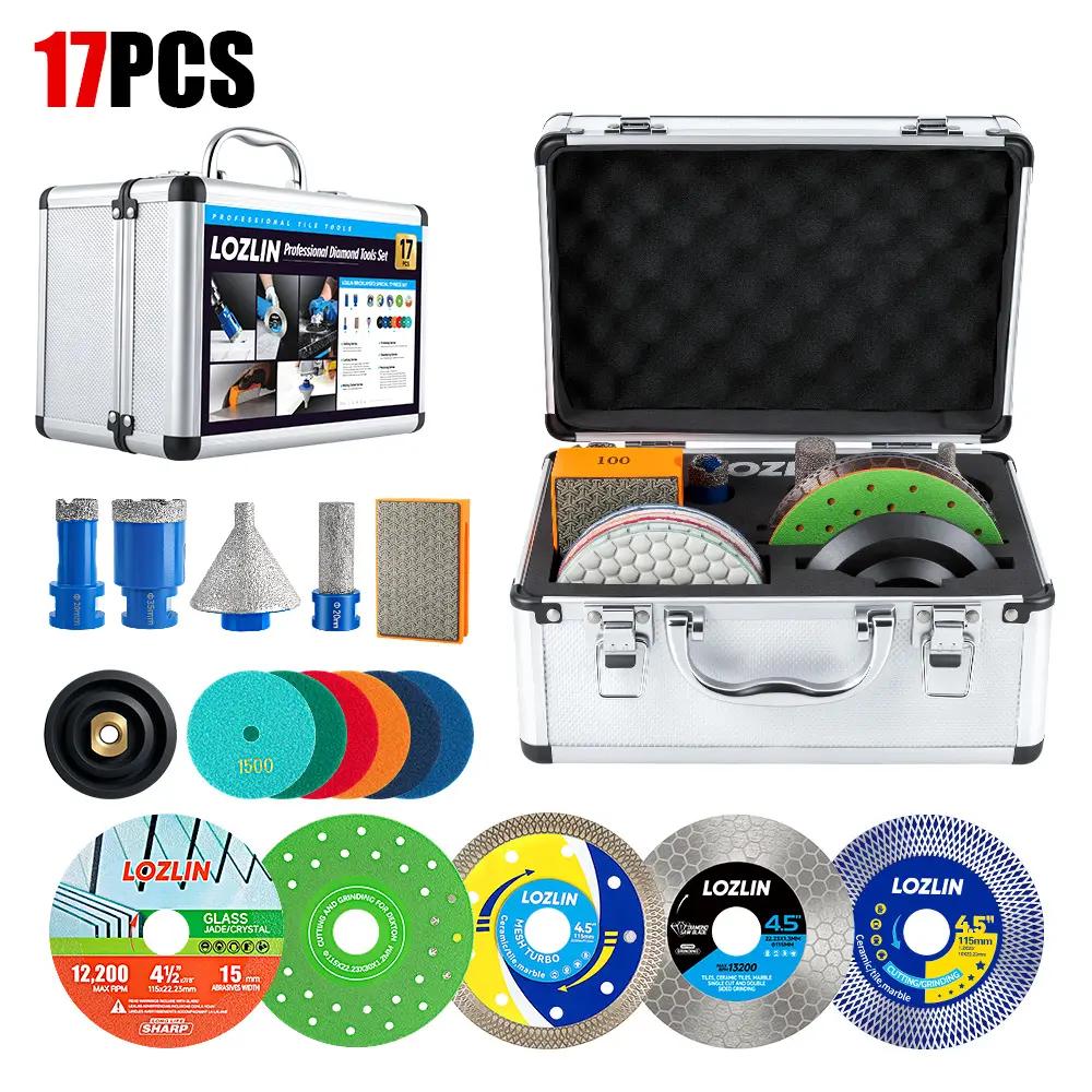 LOZLIN 17PCS Diamond Tool Kit Set for Tilers, Professional Drill Bits, Saw Blades, Polishing Pads, Chamfer Drill & Milling Bits for Cutting, Grinding Porcelain, Glass, Stone