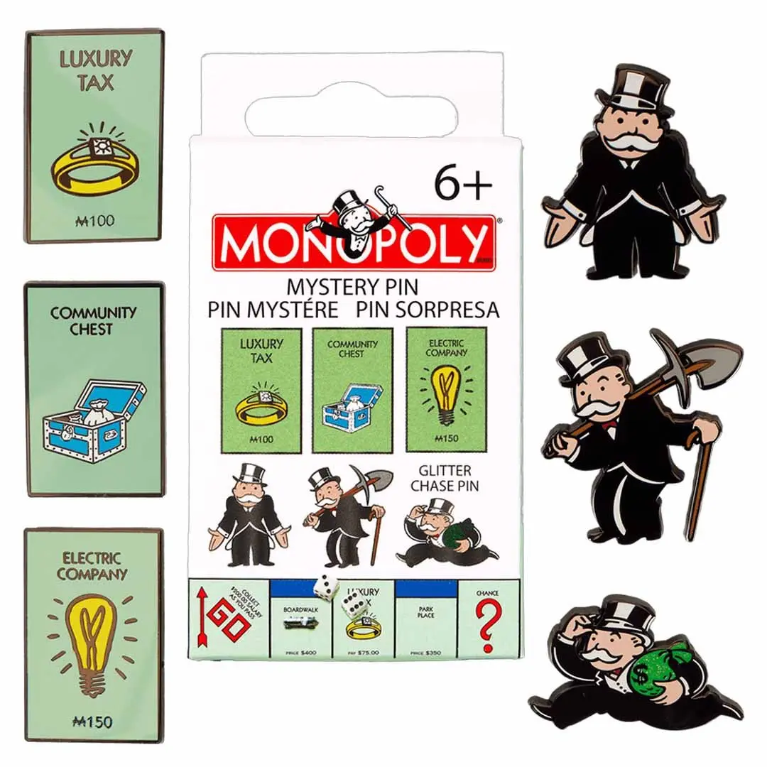 Monopoly-Themed Enamel Mystery Pin, Unisex 90th Anniversary Boardwalk Collectible with Glitter Chase Chance, Brooch
