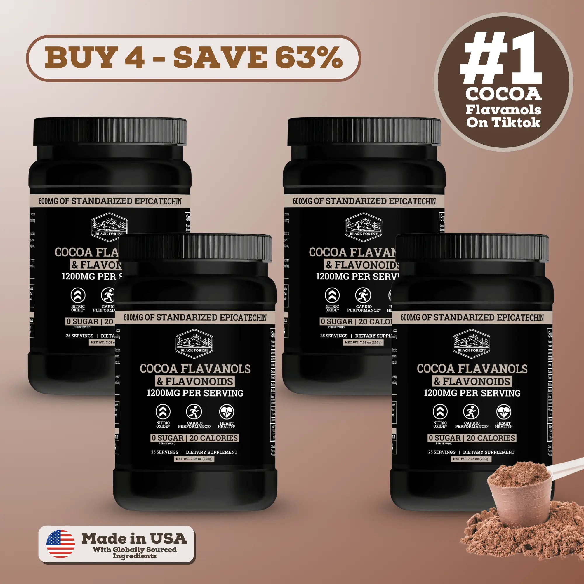 4 Bottles of Black Forest Supplements Cocoa Flavanols & Flavonoids | High Flavanol Cocoa Powder – 1200mg per Serving, 600mg Epicatechin – Supports Circulation, Energy, & Heart Health, High Flavanol Dark Chocolate Supplement