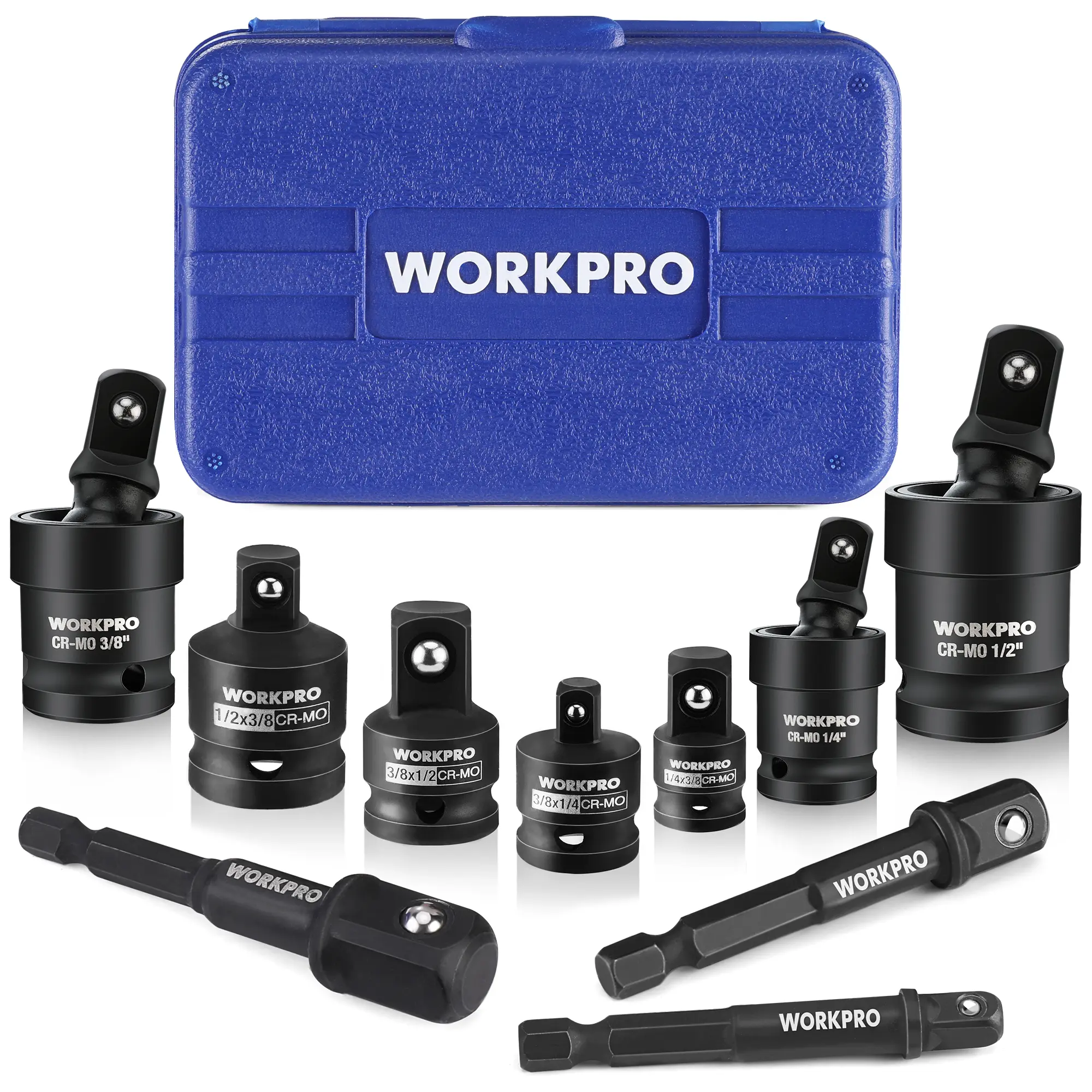 #backtoschool WORKPRO Impact Socket Adapter Set with Case, Includes 4pc Adapter and Reducer Set, Universal Joint Socket Set and Drill Adapter, 1/4" 3/8" 1/2"