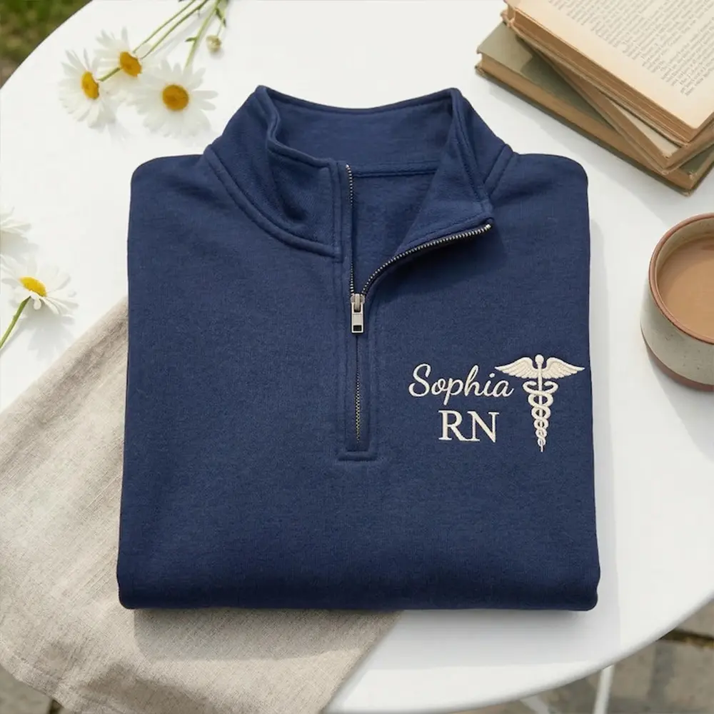 Custom Embroidered Nurse Caduceus Quarter Zip Sweatshirt, Personalized RN CNA BSN Pullover, Nursing Graduation Gift, Nurse Appreciation Gift, Cozy Medical Worker Outfit