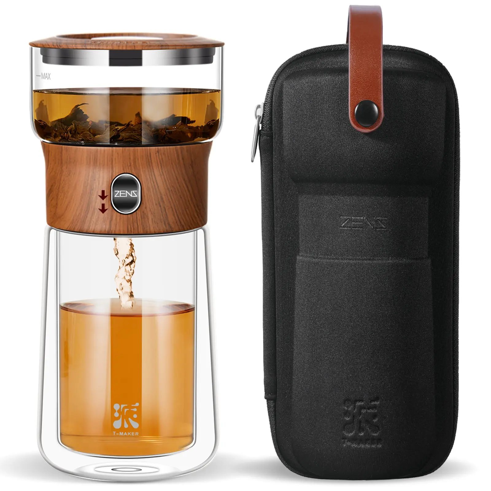 ZENS Modern Borosilicate Glass Teapot with One-Touch Infuser for Loose Leaf Tea Double  Wall Mug Portable Loose Leaf Tea Brewer for Office Travel Ideal Gift for Tea Lovers - Wooden