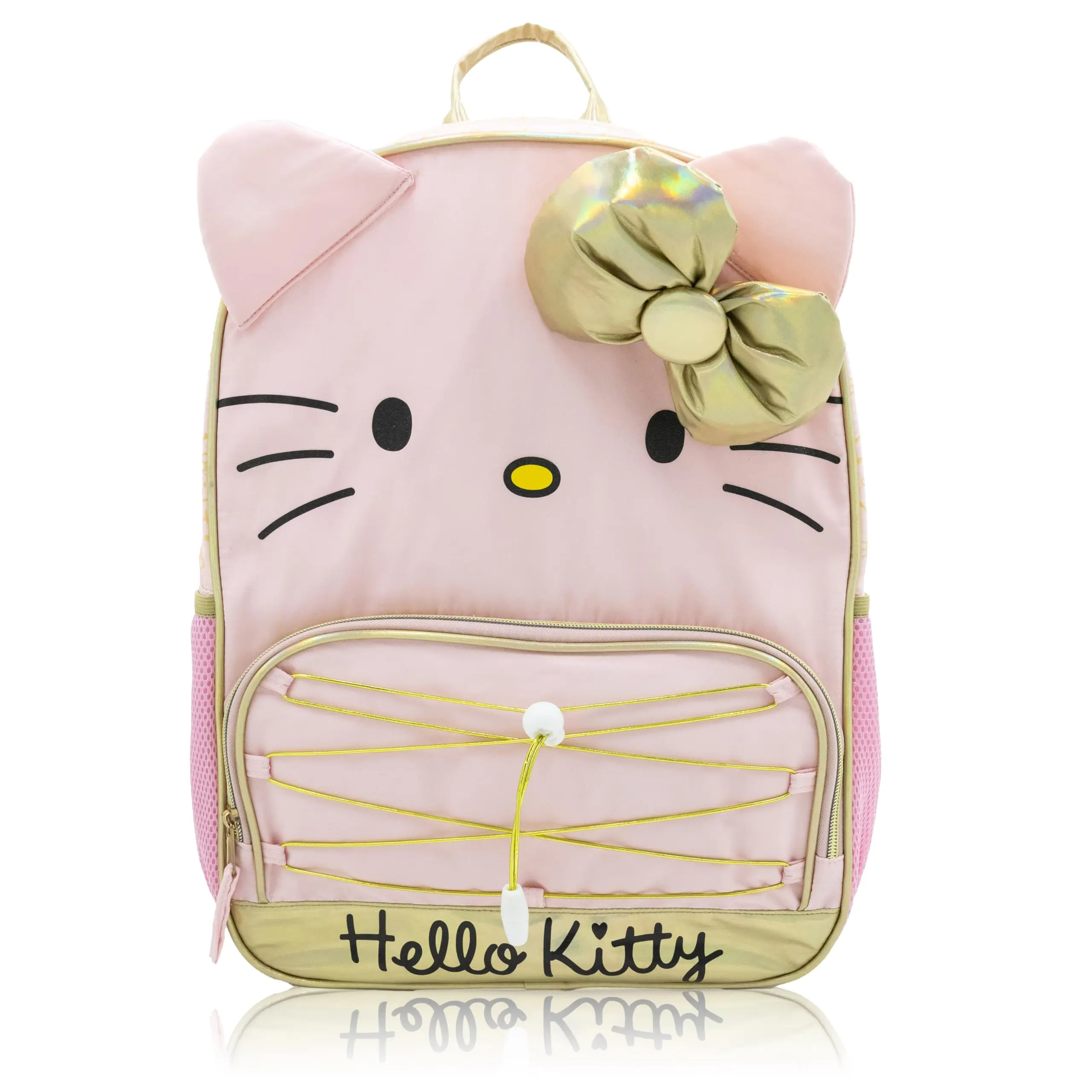 Fast Forward Hello Kitty Backpack for Girls | 16" Bookbag with 3D Ears, Gold Bow & Bungee Front Pocket | Pink Hello Kitty School Bag, Kids, Toddlers, Teens | Cute Travel Daypack, Top Handle, Ages 3+