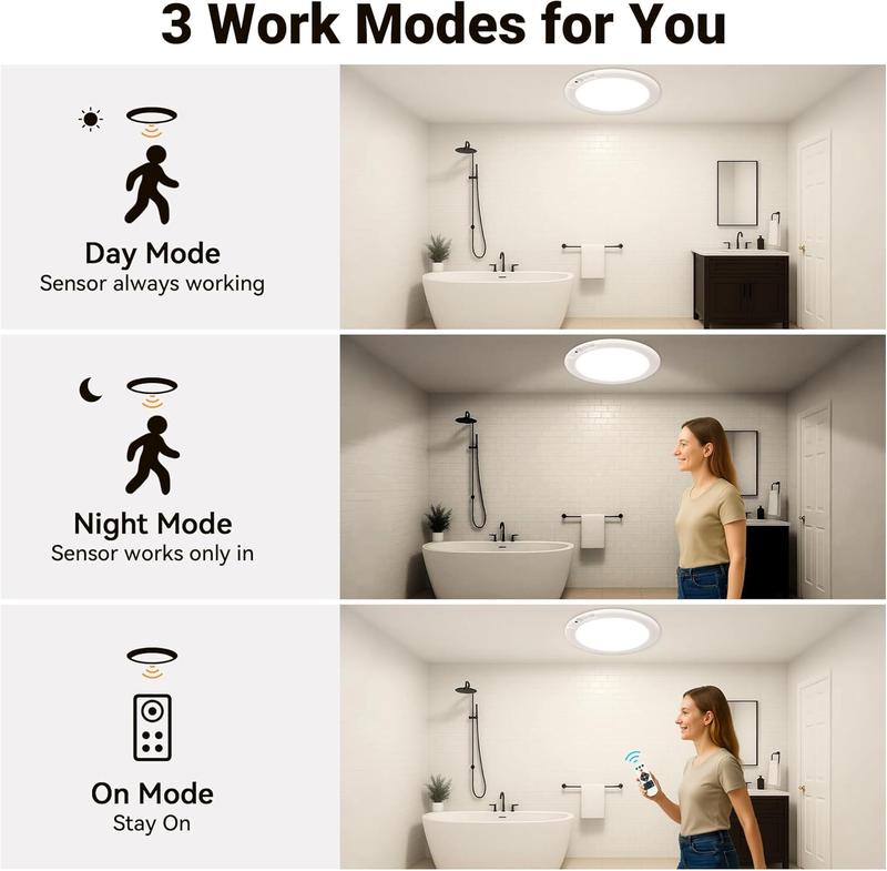 4Pcs Rechargeable Motion Sensor LED Ceiling Light, Wireless Battery-Operated Overhead Lamp, 3-Color Dimmable Indoor Light for Closet, Pantry, Hallway, Shower, Shed, Modern Semi-Flush Mount(5000amh)