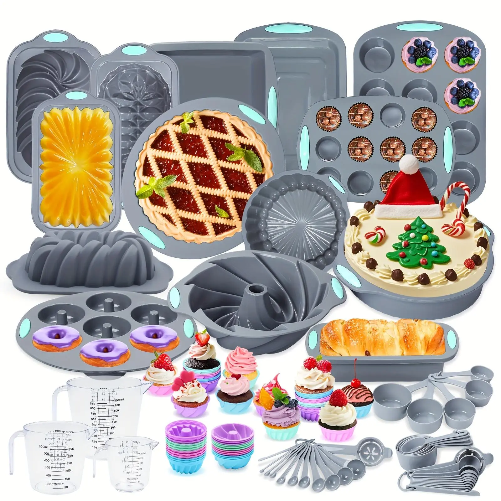 99/54/21 Pieces, Silicone Baking Pan Set Includes cake molds, bread pans, muffin tins, and non-stick baking cups Comes with measuring cup and spoon set , kitchen oven bread pans Perfect for banana bread and sandwich bread baking St. Patrick's Day and gift