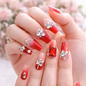 Luxury Red Ombre Press On Nails Long Coffin Fake Nails with Rhinestones & Crystal Diamond Design – Glossy Gradient Acrylic Nail Tips Reusable Full Cover False Nails for Women Girls Nail Art