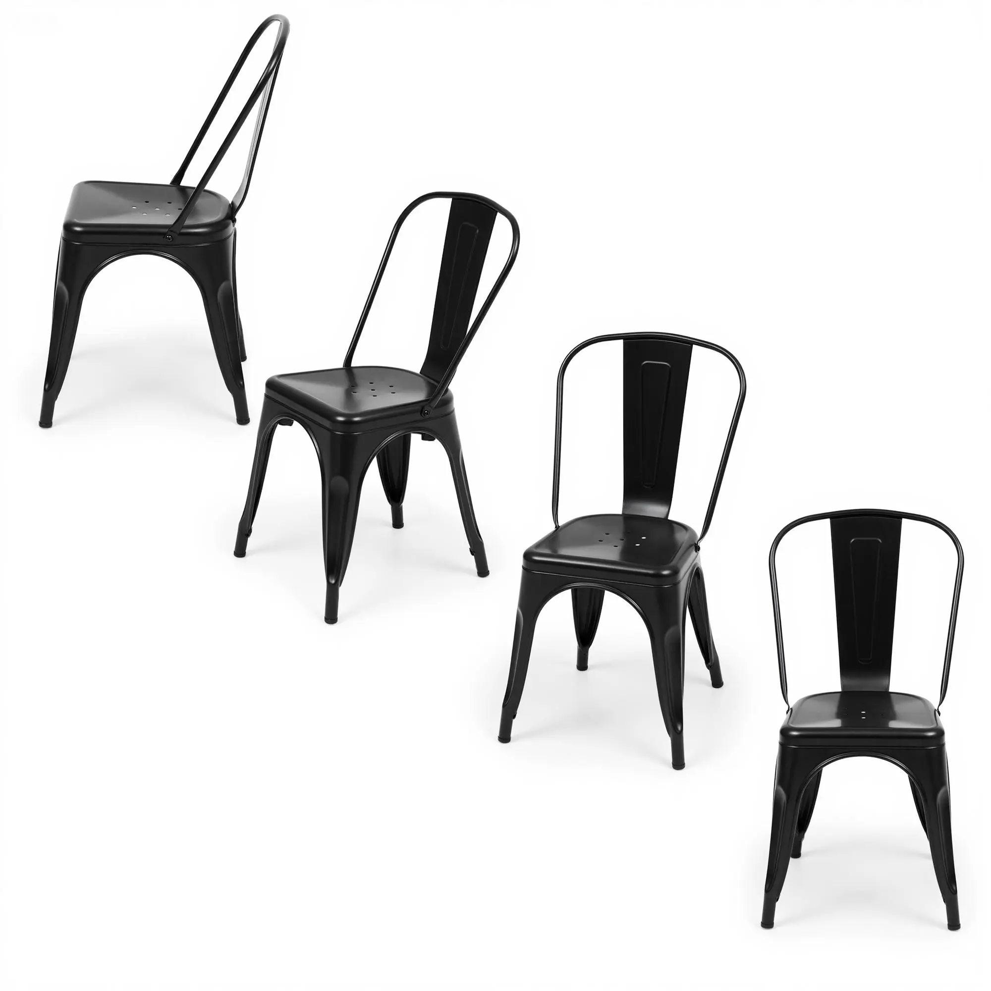 4-Piece Metal Dining Chairs - Modern Black Industrial Indoor Kitchen Furniture, Waterproof, Space-Saving Stackable, Sturdy Construction, 300lbs Weight Capacity, Assembly Required for Home Use