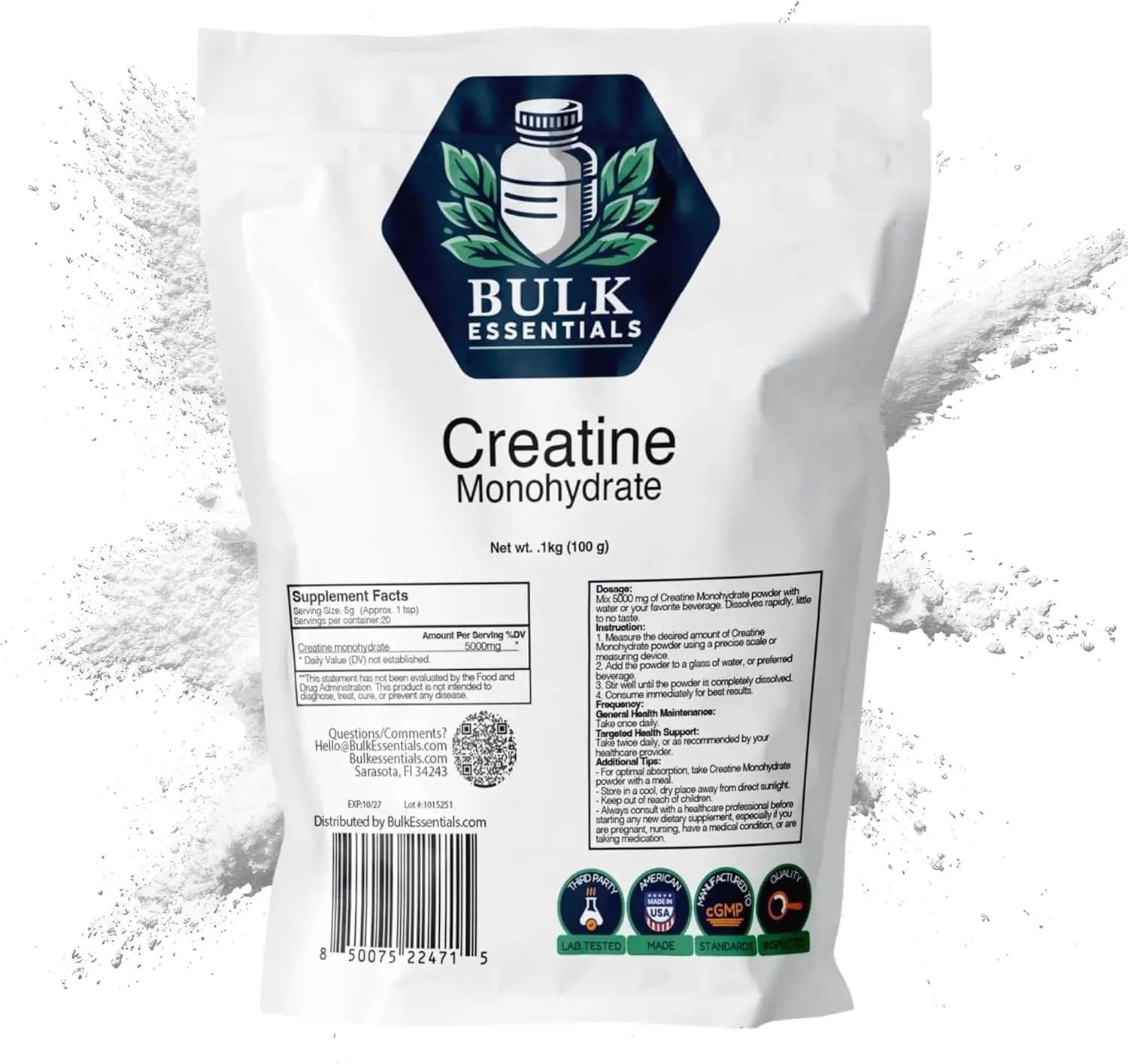 100% Pure Micronized Creatine Monohydrate Powder Supplement – Unflavored Creatine Powder for Strength, Energy & Performance – Non-GMO, Gluten-Free, USA Made – 20 Servings