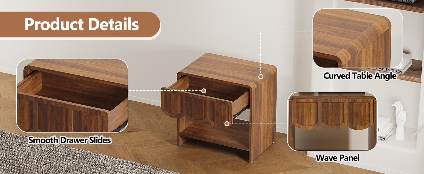 Giratree Small Night Stand, Mid Century Modern Farmhouse Wood Nightstand with Wave Panel Drawer, Bed Side End Table for Small Space, Living Room