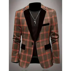 Casual and Chic | Men's Fashion Casual Plaid Blazer - Light Blue and Beige, Polyester Fiber, Long Sleeve with Pockets, Machine Washable