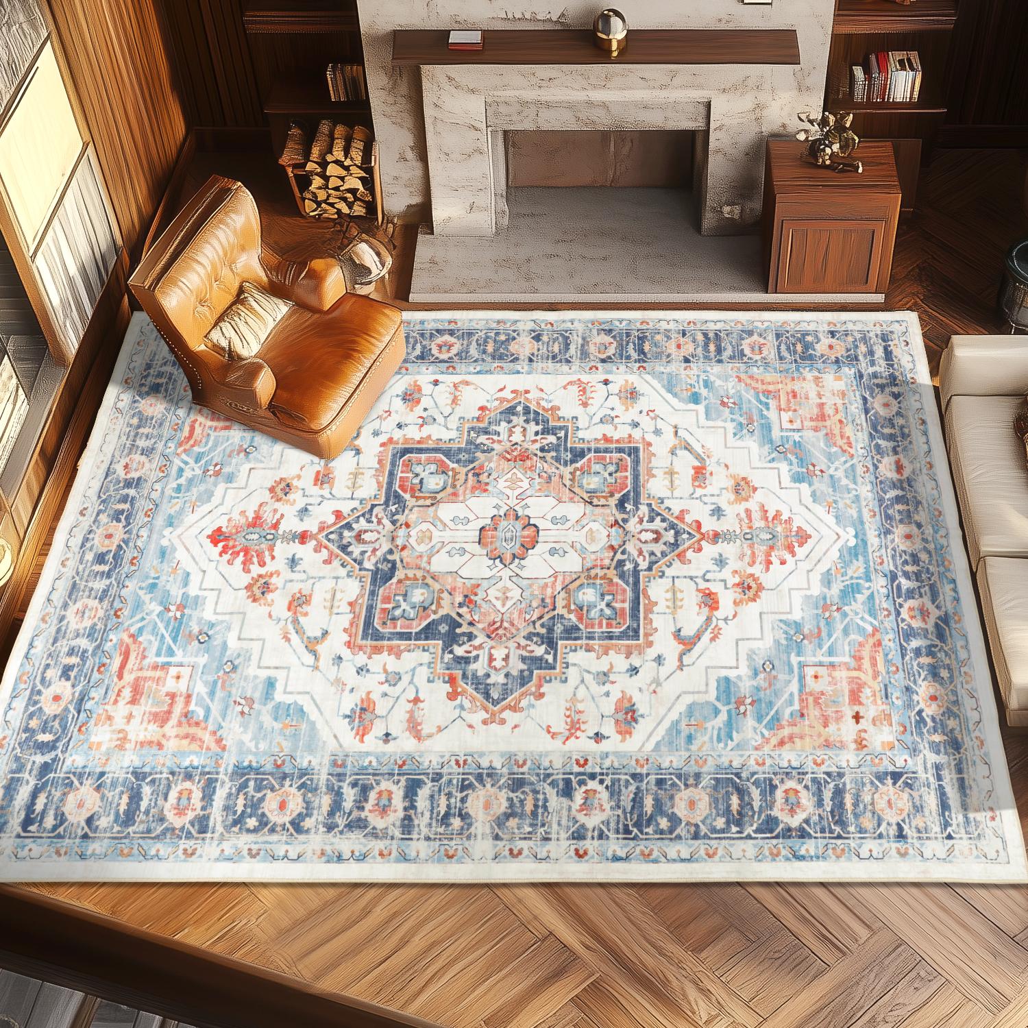 LOKHOM Vintage Non-Slip Floor Runner Rug Soft Farmhouse Medallion Rug Washable Easy to Clean Rugs for Hallway Kitchen Bedroom Entryway Laundry Room 0.4-inch Thick Premium Faux Wool Ultra Soft Resilient Against Wear and Tear Stain-Resistant