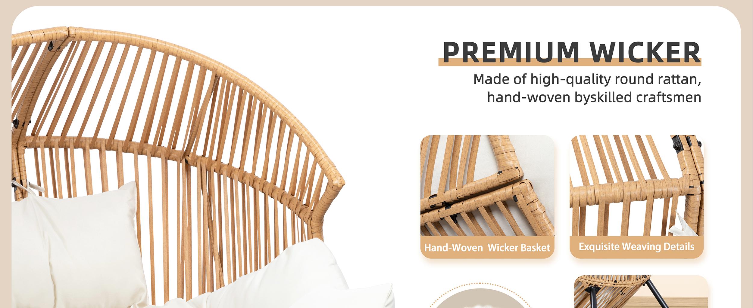 Walsunny Rocking Chair, Outdoor Indoor Wicker Patio Chair, 450Lbs Load Capacity Oversized Egg Lounger Chair with Cushion Basket for Bedroom, Balcony, Backyard, Beige