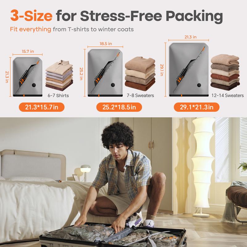 VACBIRD Vacuum Packing Pump Storage Bags 5Kpa Compression Hands-Free Cordless Rechargeable Lightweight Portable Transparent Travel Large Sealer Bags with Rounded Design Set 28/24/20 Inch 10/15/20 pcs Zipper Pouch Universal