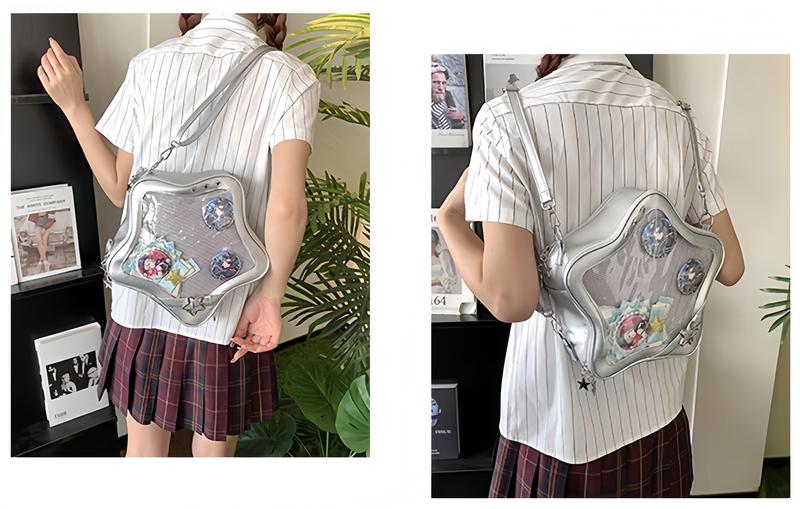 RIVERICH 3-Way Convertible Star-Shaped Ita Bag for Anime & K-Pop Fans, Multi-Strap Acrylic Display Backpack with Removable Shoulder Straps. This unique pentagram bag features a clear window to showcase your pins, charms, and collectibles