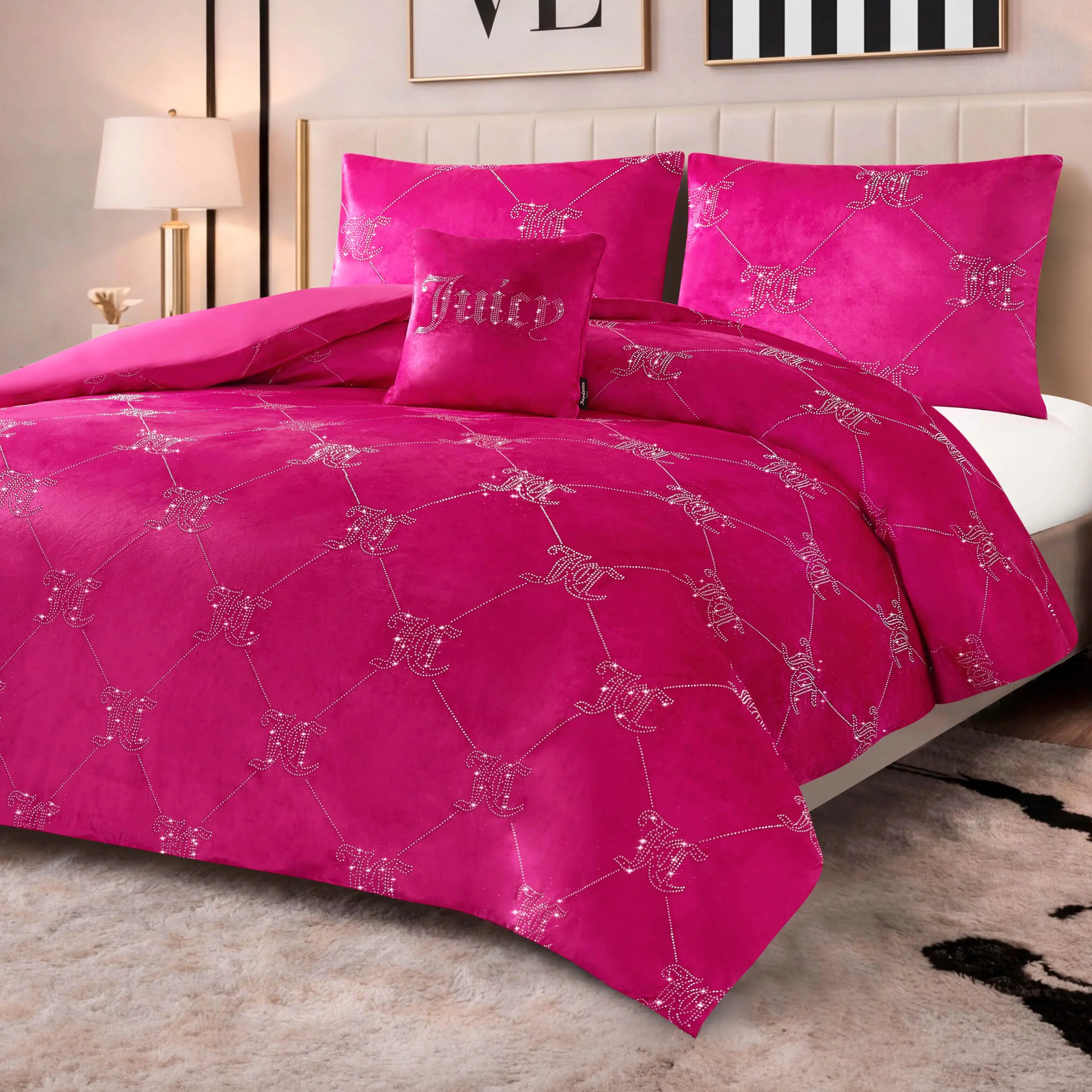Velvet Comforter Set with Rhinestone Accents, Logo Pattern, Home Bedding Essentials; Set Includes Matching Bedding Pieces