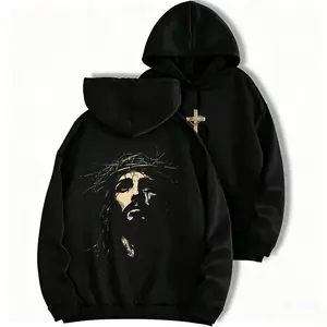 Jesus Crown of Thorns Christian Hoodie, Washed Oversized Graphic Pullover, Easter Faith Streetwear Casual Top, Unisex Gym Pump Cover Sweatshirt for Men Women