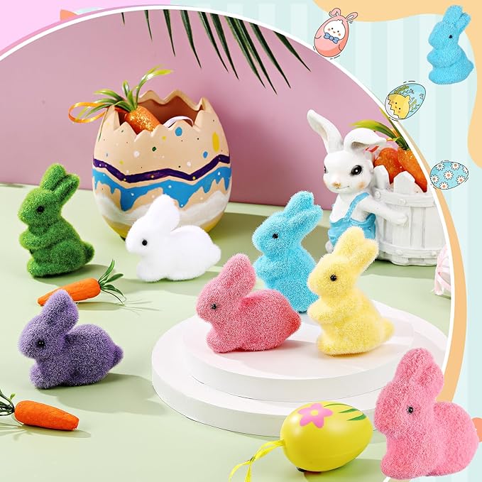 Pastel Flocked Easter Bunny Figurines - 7/6/4 Pcs Cute Velvet Rabbit Statues Set with Bow Ties, Adorable Easter Decor 2026 Bunny in Multiple Sizes & Poses for Tiered Tray Decor Spring Table Centerpiece Shelf Mantel Display Home Party Gifts Basket Stuffers