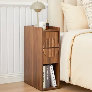 Giratree Slim Mid-Century Modern Nightstand with 2 Drawers, Narrow Fluted Wooden Side Table for Small Spaces, Tall Skinny Bedside Table for Bedroom or Living Room
