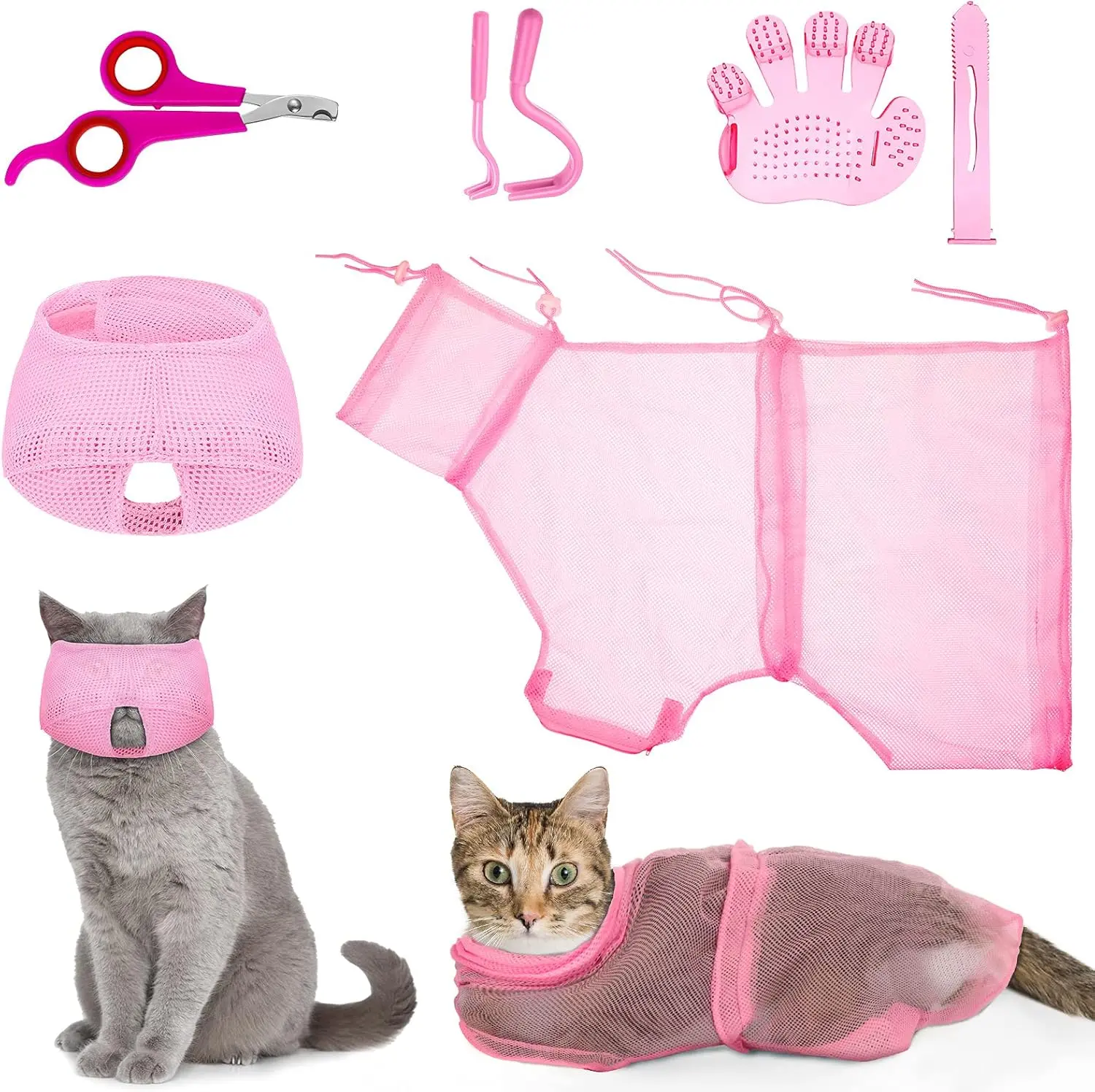 6-pcs complete set of cat grooming tools, including a cat washing bag, headband, nail clipper, massage comb, tick hook, a one-stop home kit for cats to bathe, nail clipper, ear canal cleaning, and daily home care