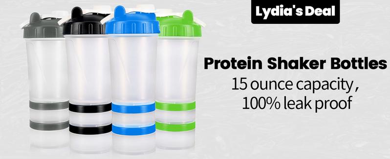 Protein Shaker Bottle with Mixer Ball and 2 Interlocking Storage Jars for Pills, 100% BPA Free, Non Toxic and Leak Proof Sports Bottle