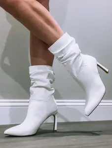 The Kali - White Slouch Boots with Slim Heel