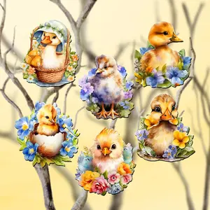 Spring Ducklings Clip-On Eco Wood Decorative Ornaments Set of 6 by G. Debrekht - Easter Décor - 8090055C-S6