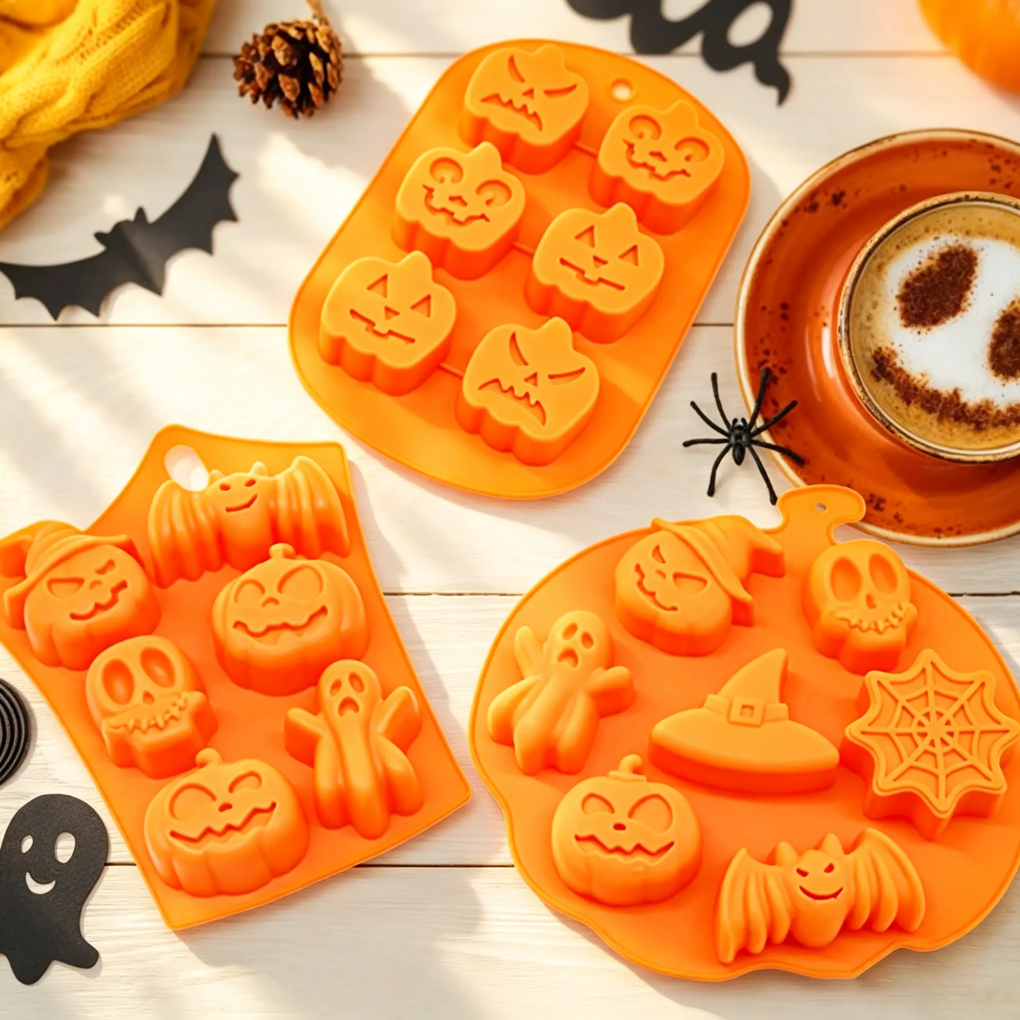 Classic Nonstick Silicone Bakery Molds - Flexible Halloween Style A Home Baking Supplies with Various Shapes (Pumpkin, Ghost, Bat, Witch Hat, Spider Web) - Kitchen Bakeware for DIY Party Candies, Chocolates