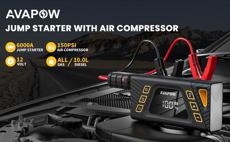 AVAPOW 150PSI 6000A Jump Starter with Air Compressor,Car Battery Jump Starter (for All Gas/10L Diesel),12V Jump Box with LCD Display,Lights,Mother‘s Day,Auto,dealsforyoudays