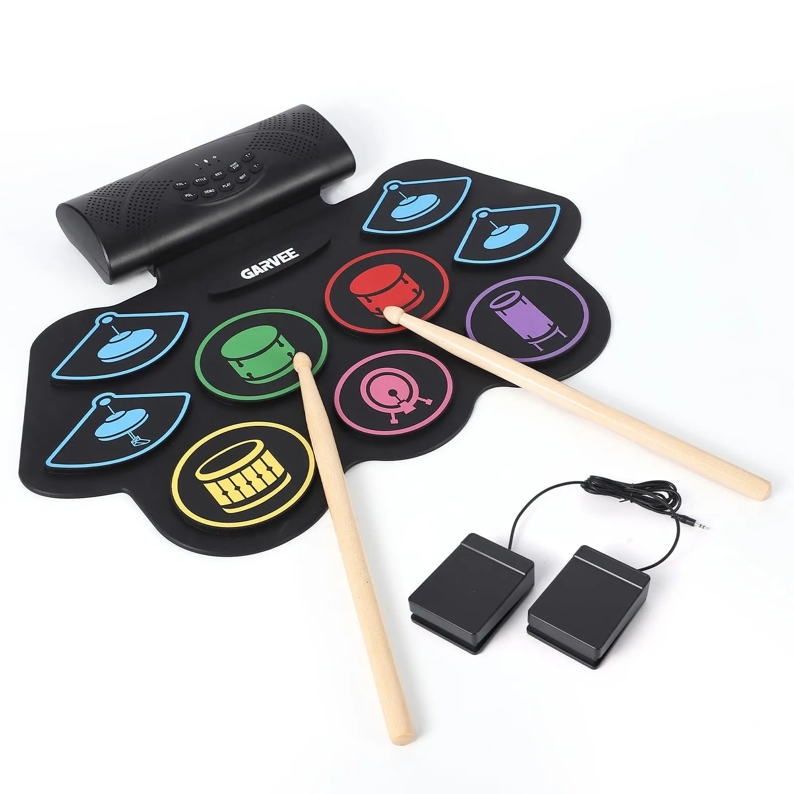 Compact 9-Pad Roll-Up Electronic Drums Percussion Instrument - Rechargeable, Bluetooth, App Control, Headphones, Sticks, Pedal, Unisex Silent Practice Tool, Birthday Christmas Gift (Colorful), Rechargeable Battery