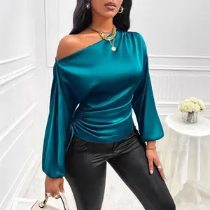Women's Satin Shirt Spring And Summer Asymmetrical Long-sleeved Oblique Collar Top Clothes Blue