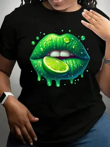 Plus Size - Plus Size Women'S Lime Slice Lips Graphic T-Shirt - 100% Short Sleeve Round Neck Casual Top, Breathable Summer Tee for Outdoor & Casual Attire
