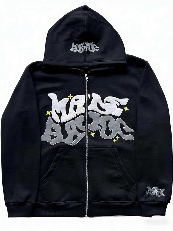 Men, women, versatile for daily use，Retro Star And Letter Printed Zipper Hoodies，Spring Autumn Harajuku Y2K Women And Men Fashion Hip Hop Long Sleeve Hooded  Avant-Garde - Street Casual    Spring/Fall    Loose    Zipper  Pocket  Patched