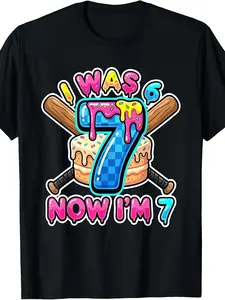 Blue Checkered I Was 6 Now I'm 7 Birthday Cake Baseball Drip T-Shirt Spring/Summer Boys'and Girls' Cotton T-Shirts for Ultimate Comfort Size 120-160