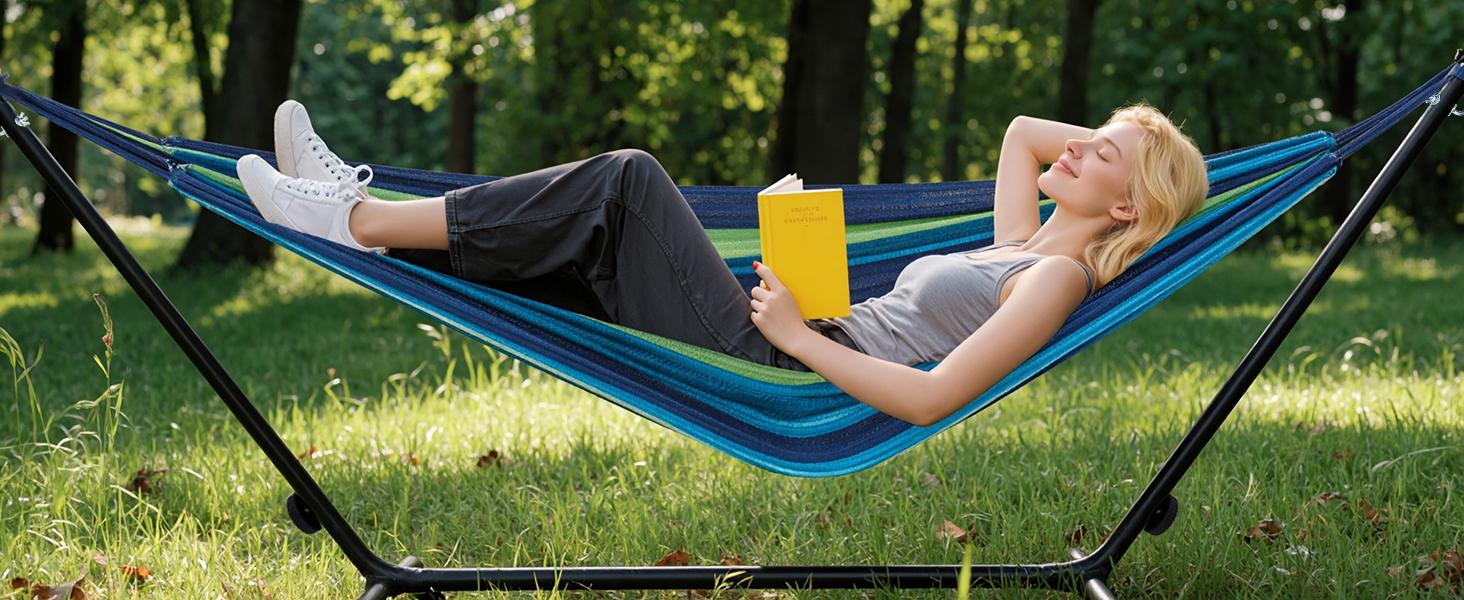 Double Hammock With Carry Bag, With Space-Saving Stand, Heavy-Duty Steel Frame, 450 Lb. Load Capacity, Easy To Assemble, For Patio, Park, Outdoors