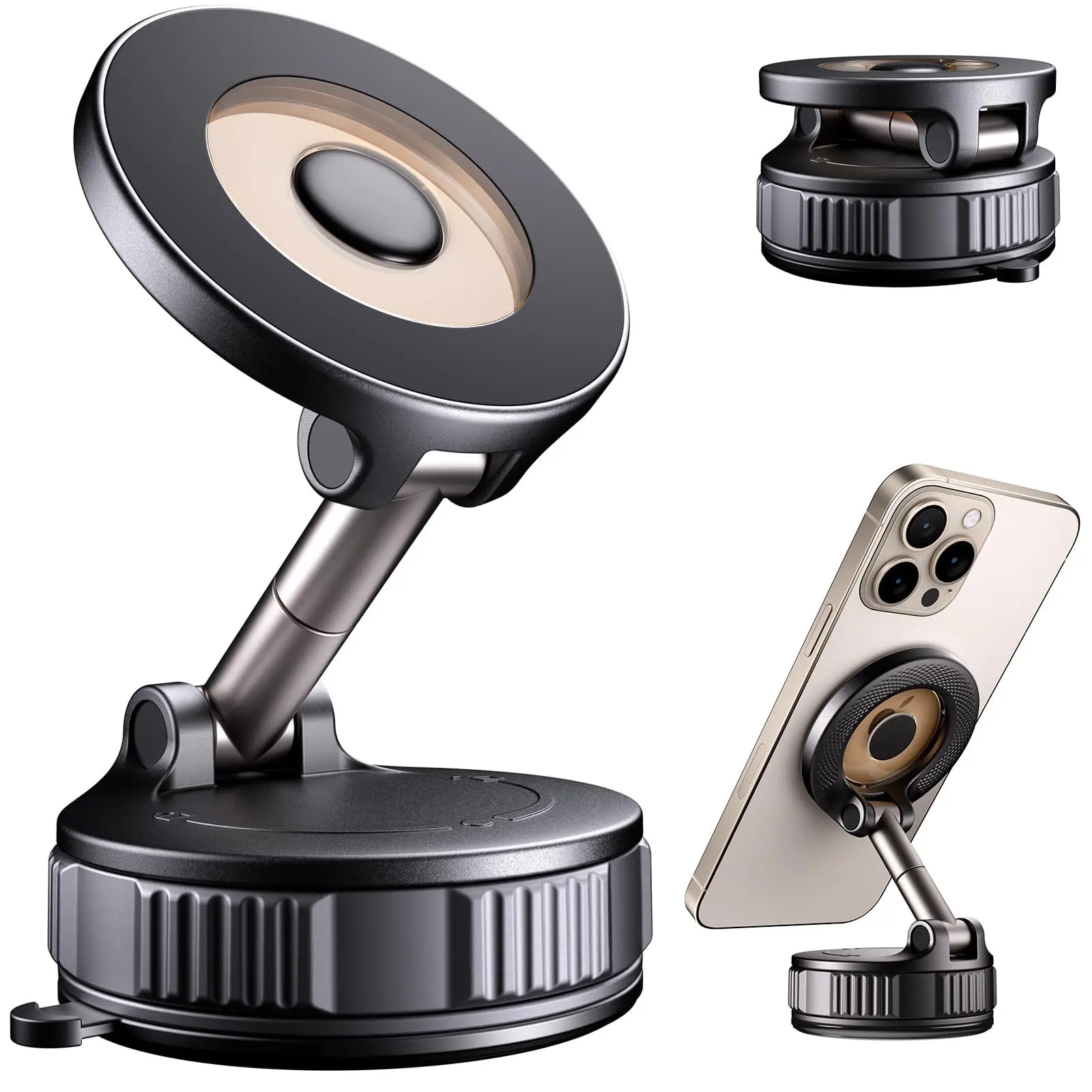 Magnetic Phone Mount for Car, Universal Adjustable Hands-Free Smartphone Holder with Strong Magnet, 360° Rotatable Vacuum Suction Pad (99% Suction Regain), Fits iPhone 17/16/15 & Android Devices, Car Dashboard/Gym Use