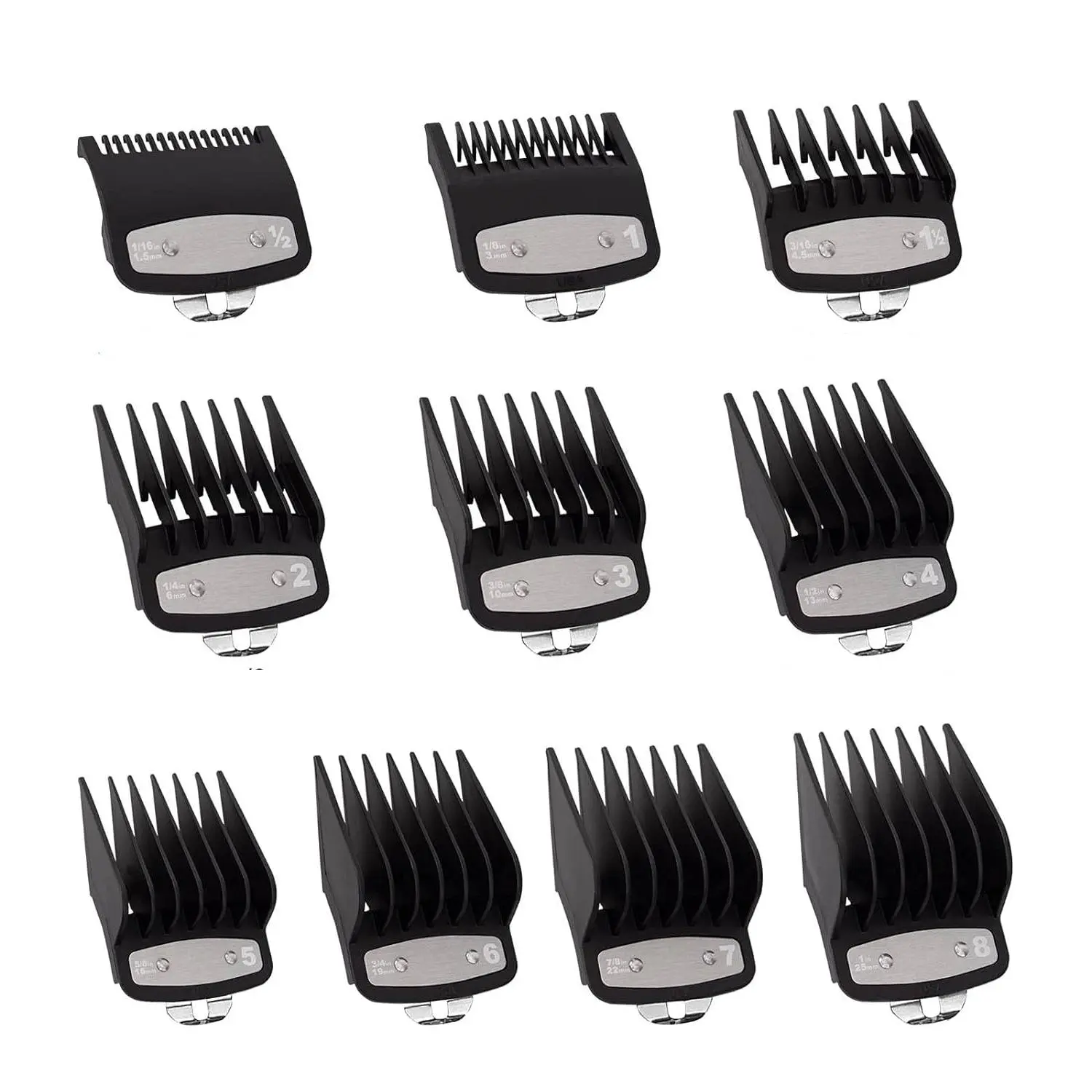 Durable Black 3-Pack Wahl-Compatible Hair Clipper Guards Set, PC & Metal Trim Attachments with 10 Sizes, 1.5-25mm (1/16 in-1 in) Sizing Options