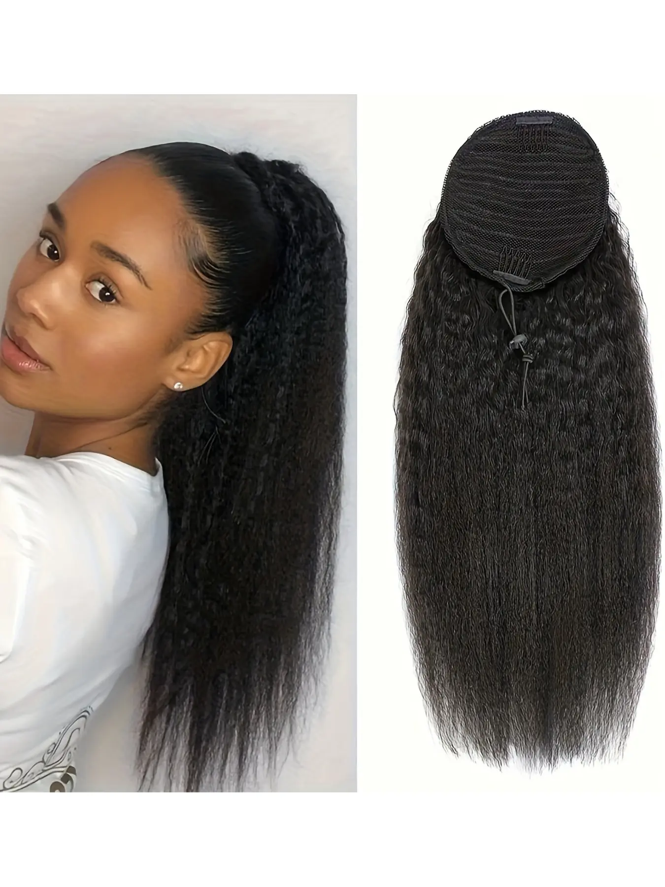 Yaki Straight Hair Ponytail, 16-22 Inch Density, Glueless Kinky Straight Textured, Adjustable Drawstring & Comfortable Clips, Clip Ins, Extension Hairpiece, Drawstring Ponytail Extensions, Ideal for Daily Wear