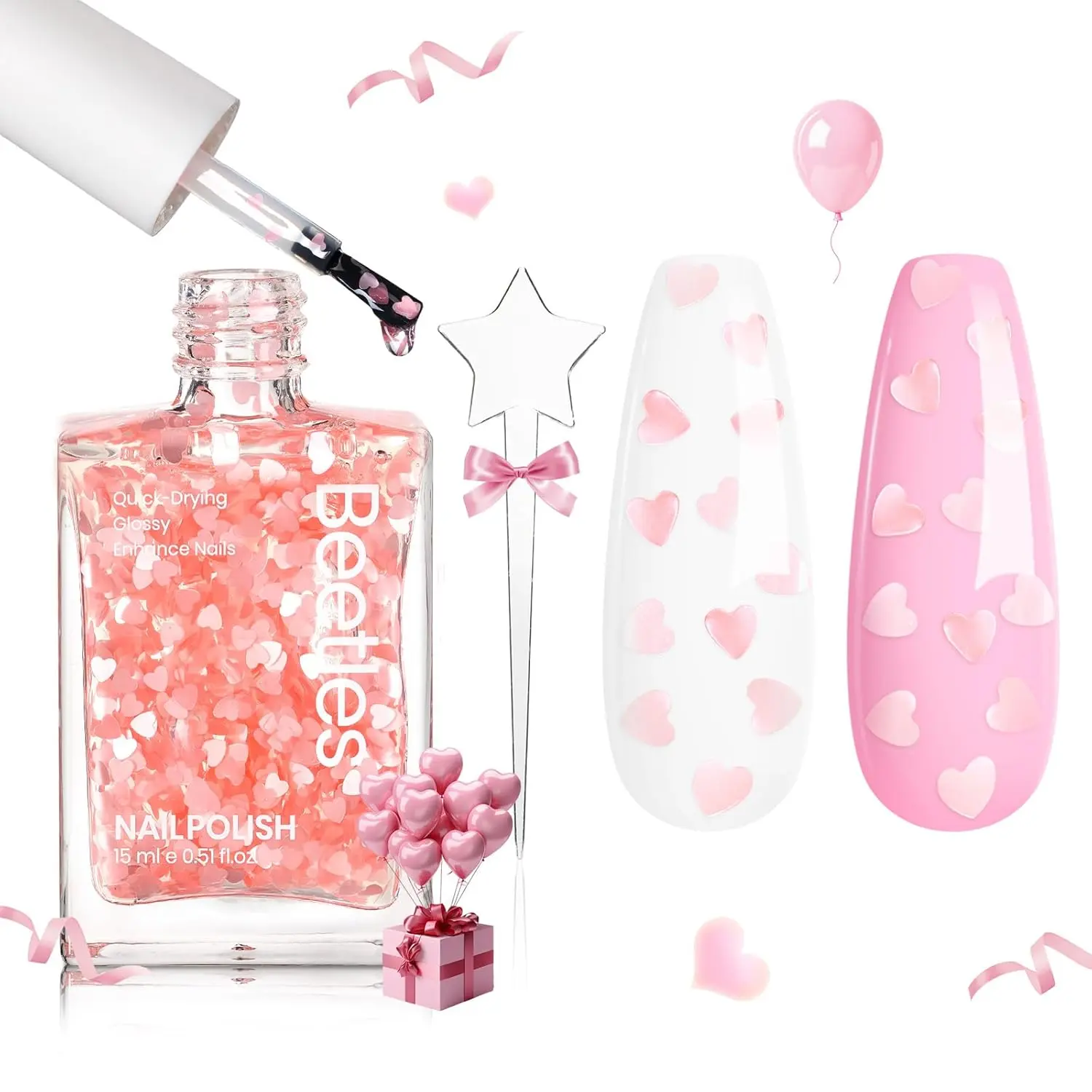 Beetles Valentines Nails Polish - Pink Heart Sweetheart Glow Glitter Nail Polish Long-Lasting No UV/LED lamp Required Quick Dry Nail Polish DIY Nails Art Spring Valentines Nails Gifts for Her