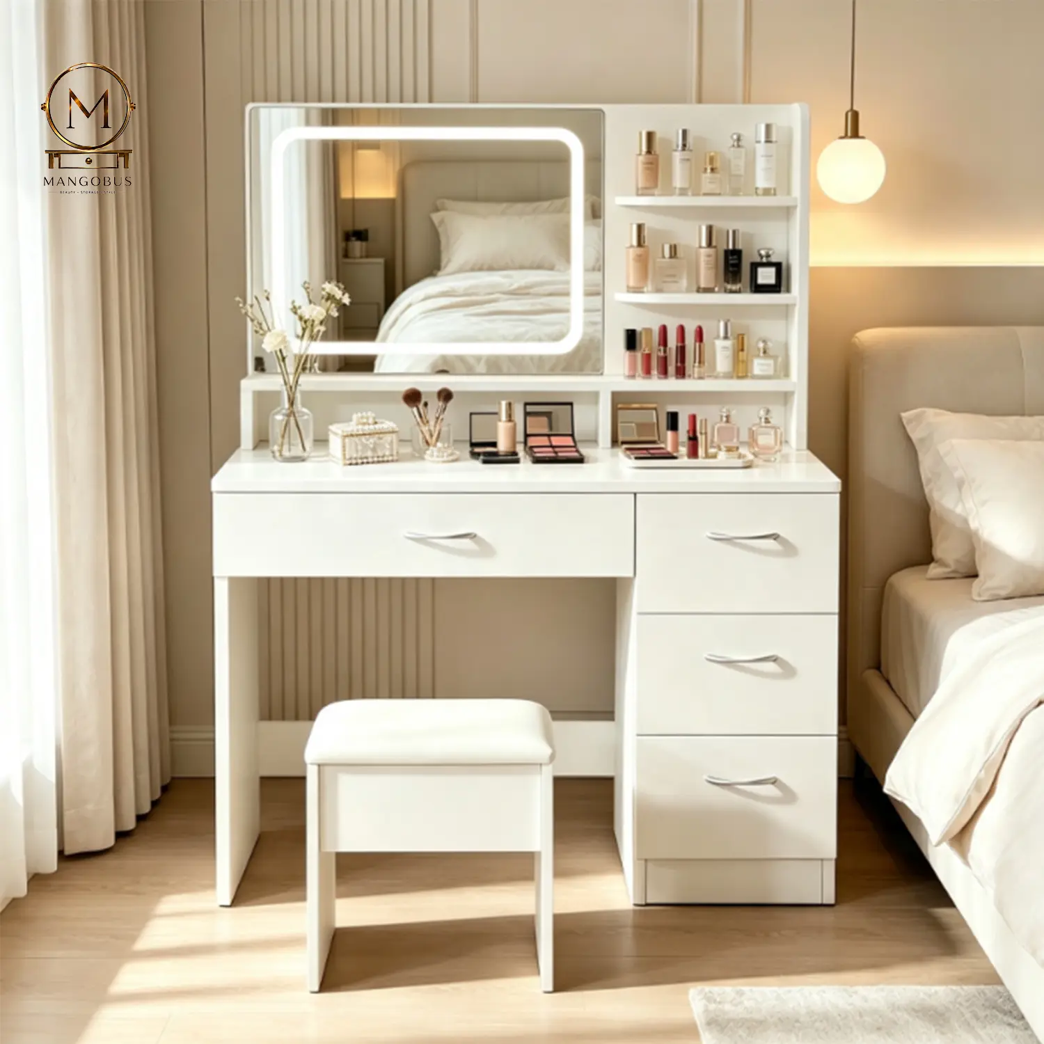 White Makeup Vanity Desk with LED Mirror - MDF & Glass Indoor Furniture, Mirror Lights, 3 Shelves, Storage Drawer, Stool Chair, Assembly Required for Bedroom