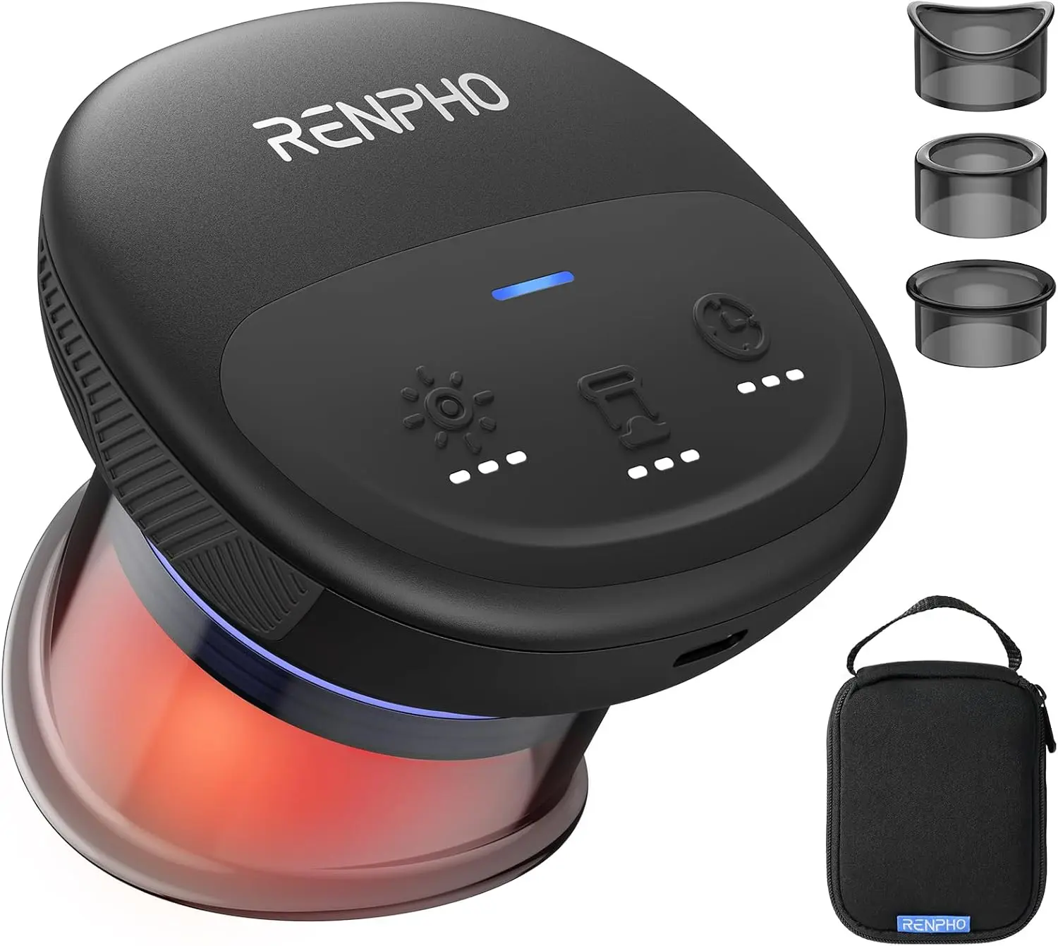 [Summer Sale] RENPHO Emberace Cup Smart Cupping Massager for Adults, Battery Powered Neck Massage Device with 3 Suction Levels up to -55KPa, 850nm Infrared Heating, 70 Min Runtime, 3 Heads, Storage Pouch summerwins, Chargable Massage Device